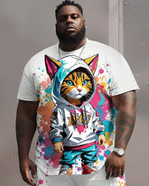 Men's Big & Tall Street Fashion Graffiti Cat Print T-Shirt Shorts Set